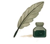 A quill pen resting beside an ink pot